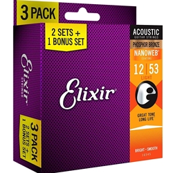 Elixir 16545 Acoustic Guitar 3-Pack - Nanoweb Coated Phosphor Bronze Light - 12-53