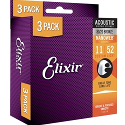 Elixir 16544 Acoustic Guitar 3-Pack - Nanoweb Coated Phosphor Bronze Custom Light - 11-52